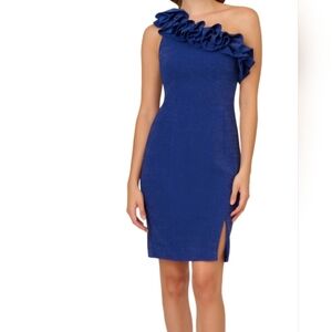 Adrianna Papell Metallic Ruffled Cocktail Dress - Bright Cobalt, Size 4, 8, & 12